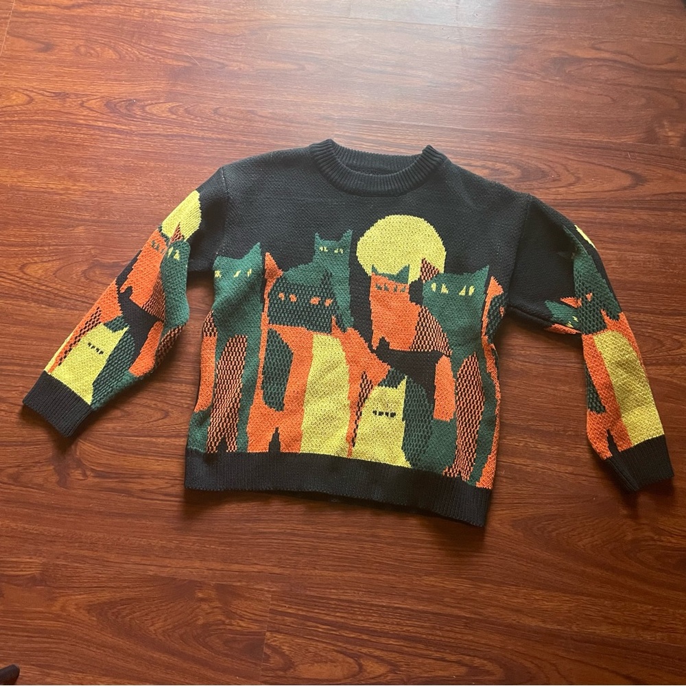 Black Knitted Cat Sweater With Green & Orange Cats